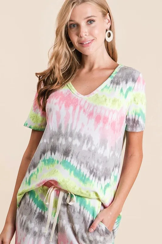 BiBi Tie Dye Print Shorts With Twill Tape Drawstring - cas7m
