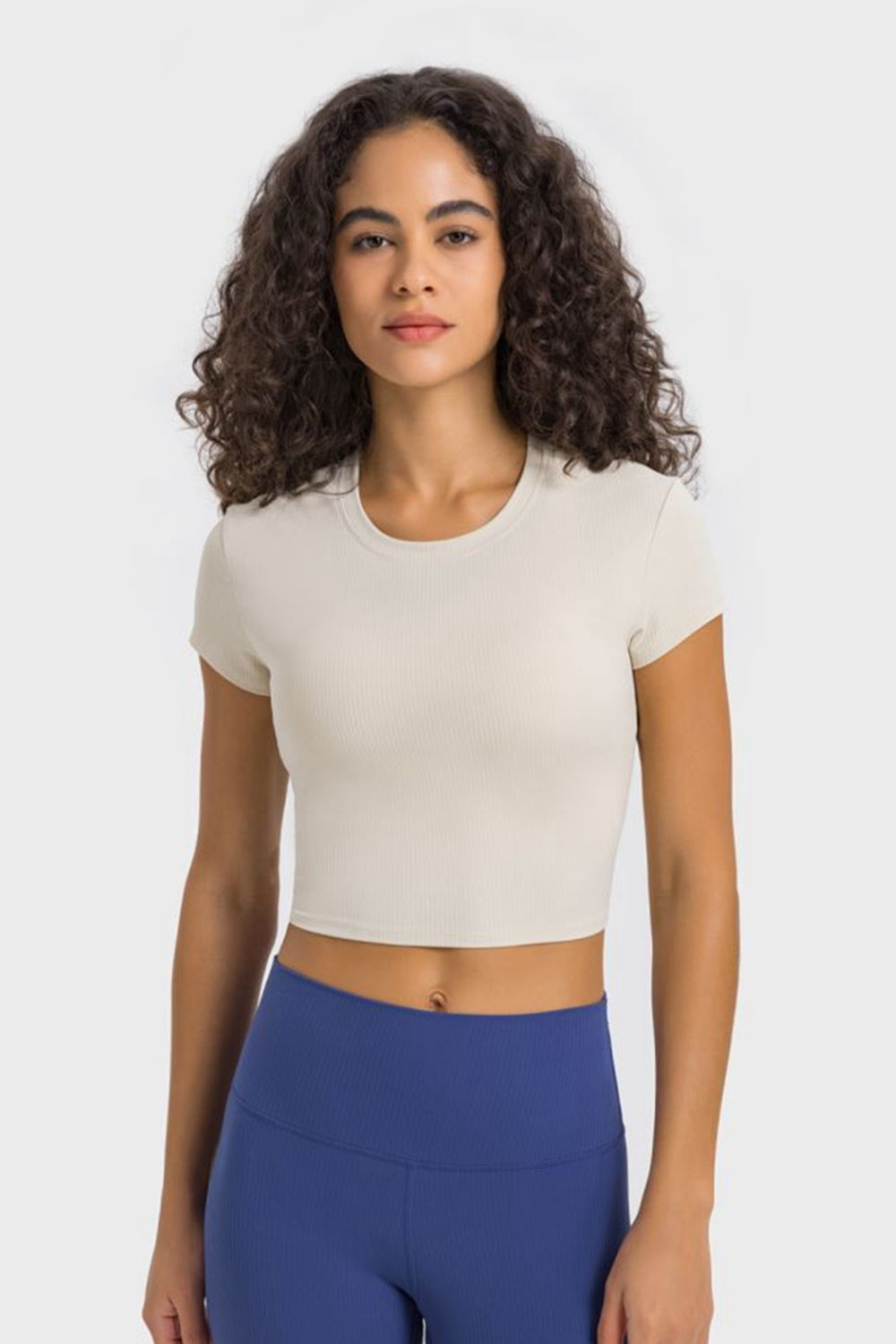 Soft Flex Cropped Yoga Top - Stretchy Solid Short Sleeve - cas7m