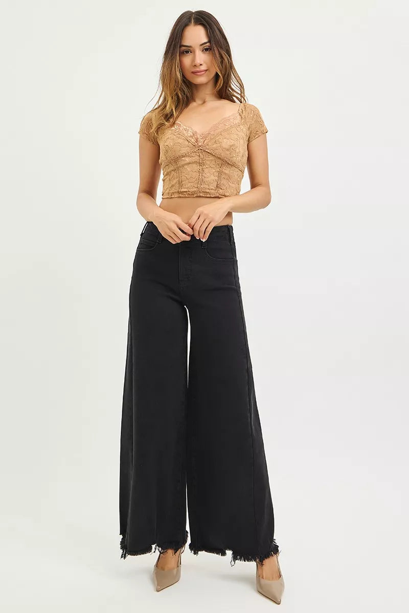 RISEN Tummy Control High Rise Palazzo Leg Frayed Hem Jeans - cas7m