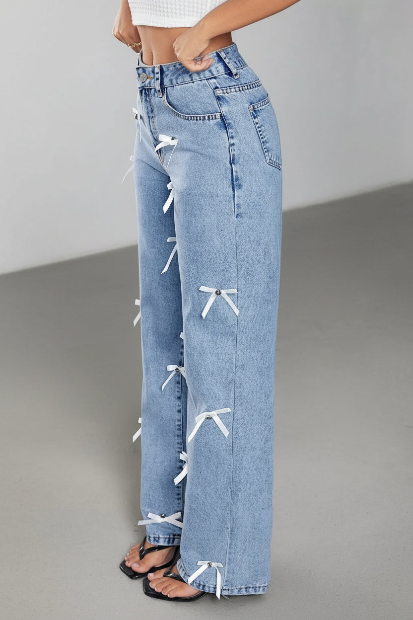 Bow Decor High Waist Wide Leg Jeans - cas7m