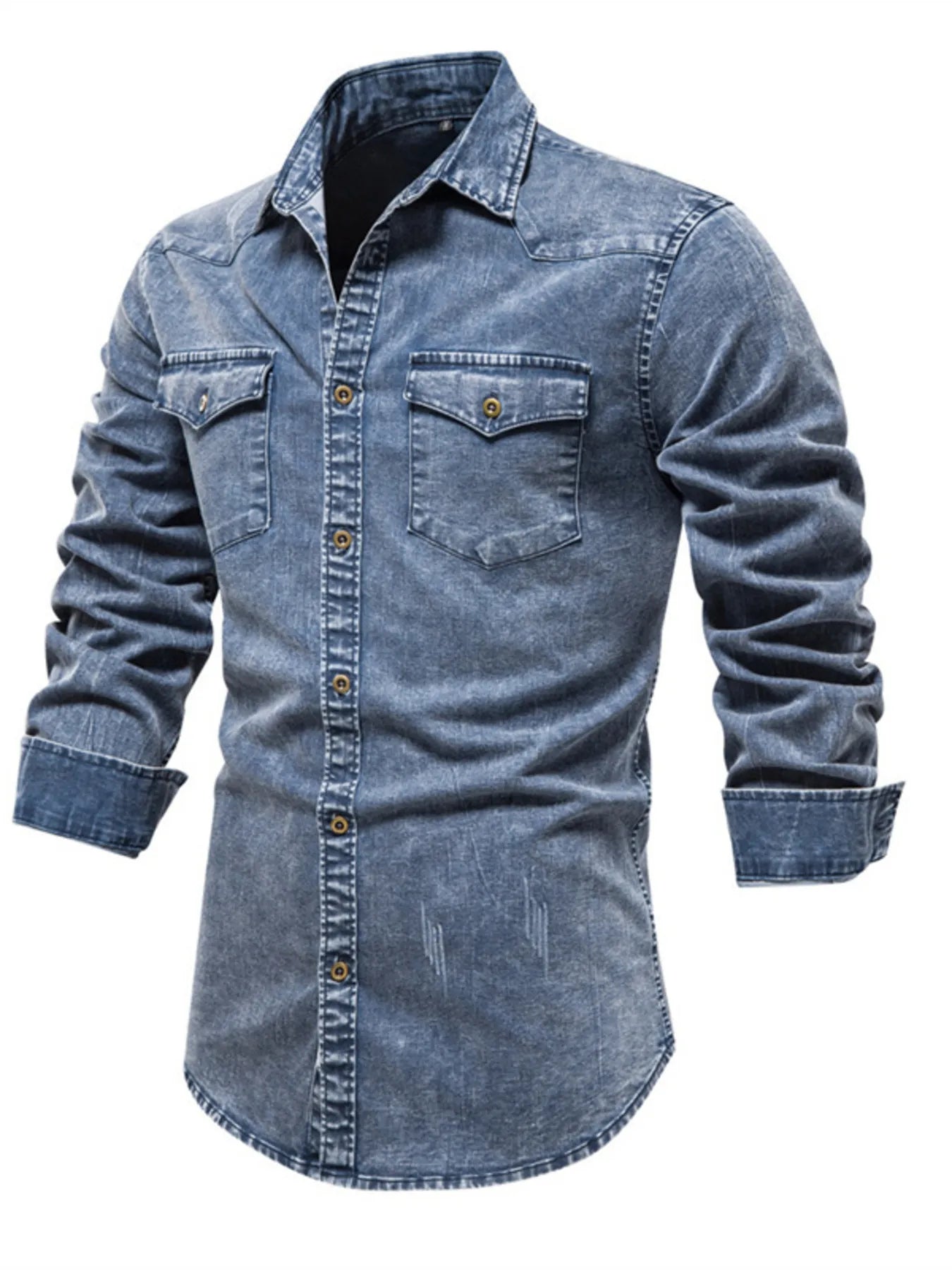 Men's Button Up Long Sleeve Denim Shirt - cas7m