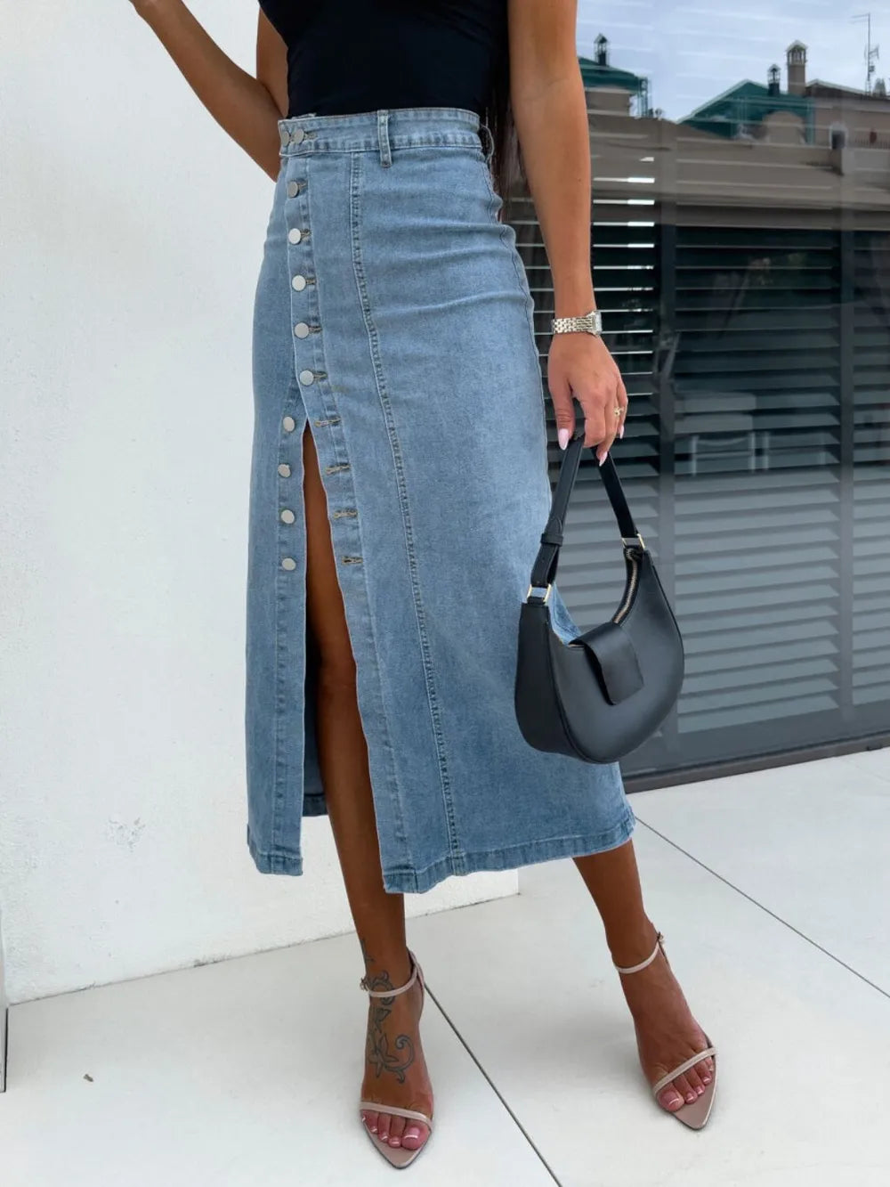 Front Button Slit Midi Denim Skirt - cas7m