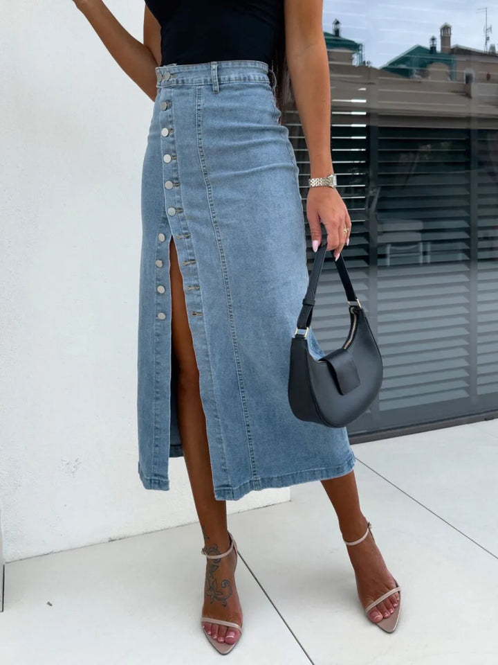 Front Button Slit Midi Denim Skirt - cas7m