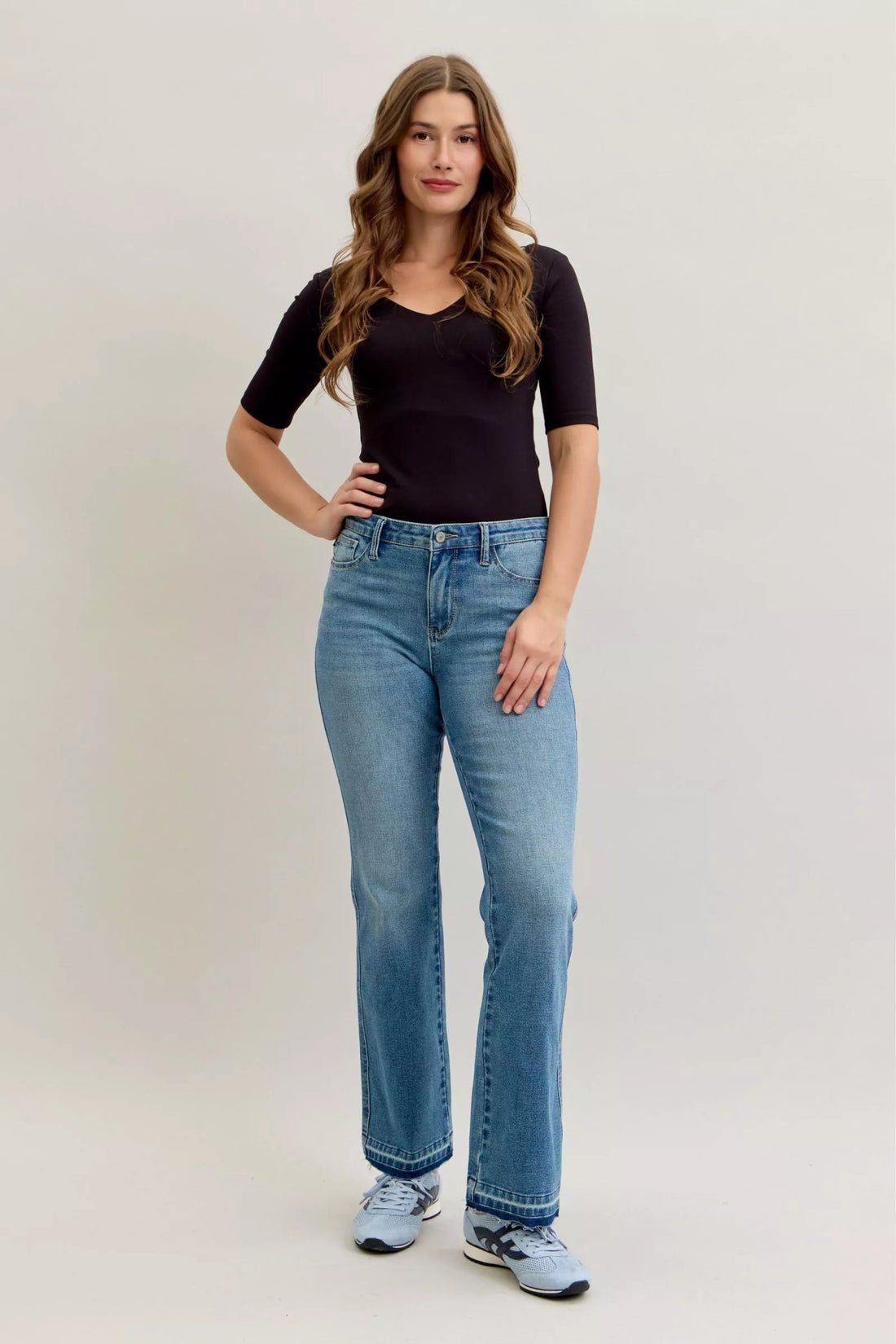 Judy Blue Full Size Mid Rise Slim Bootcut Tummy Control Release Hem Jeans Plus Size - cas7m