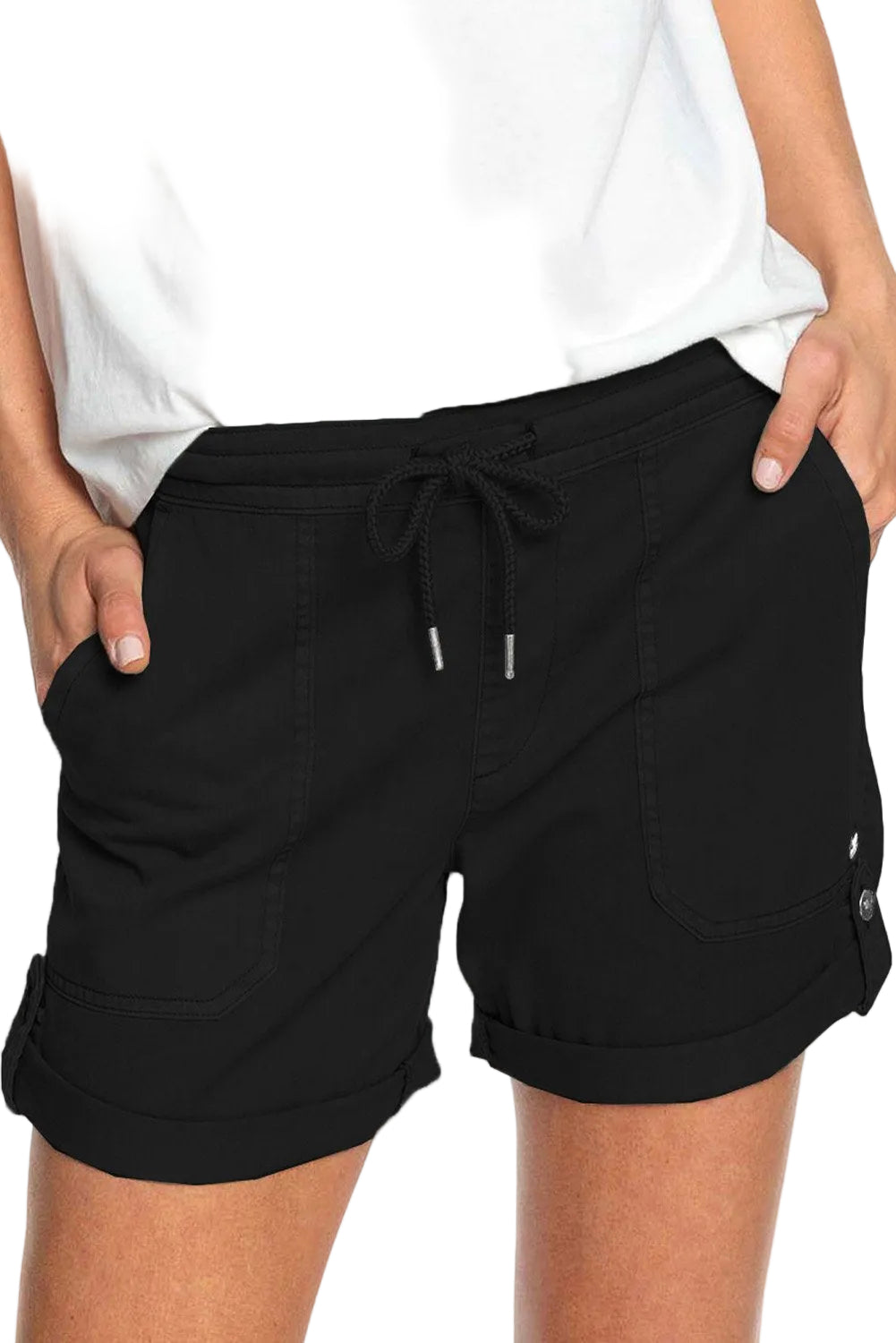 Elastic Waistband Pocket Drawstring Shorts with Button - cas7m