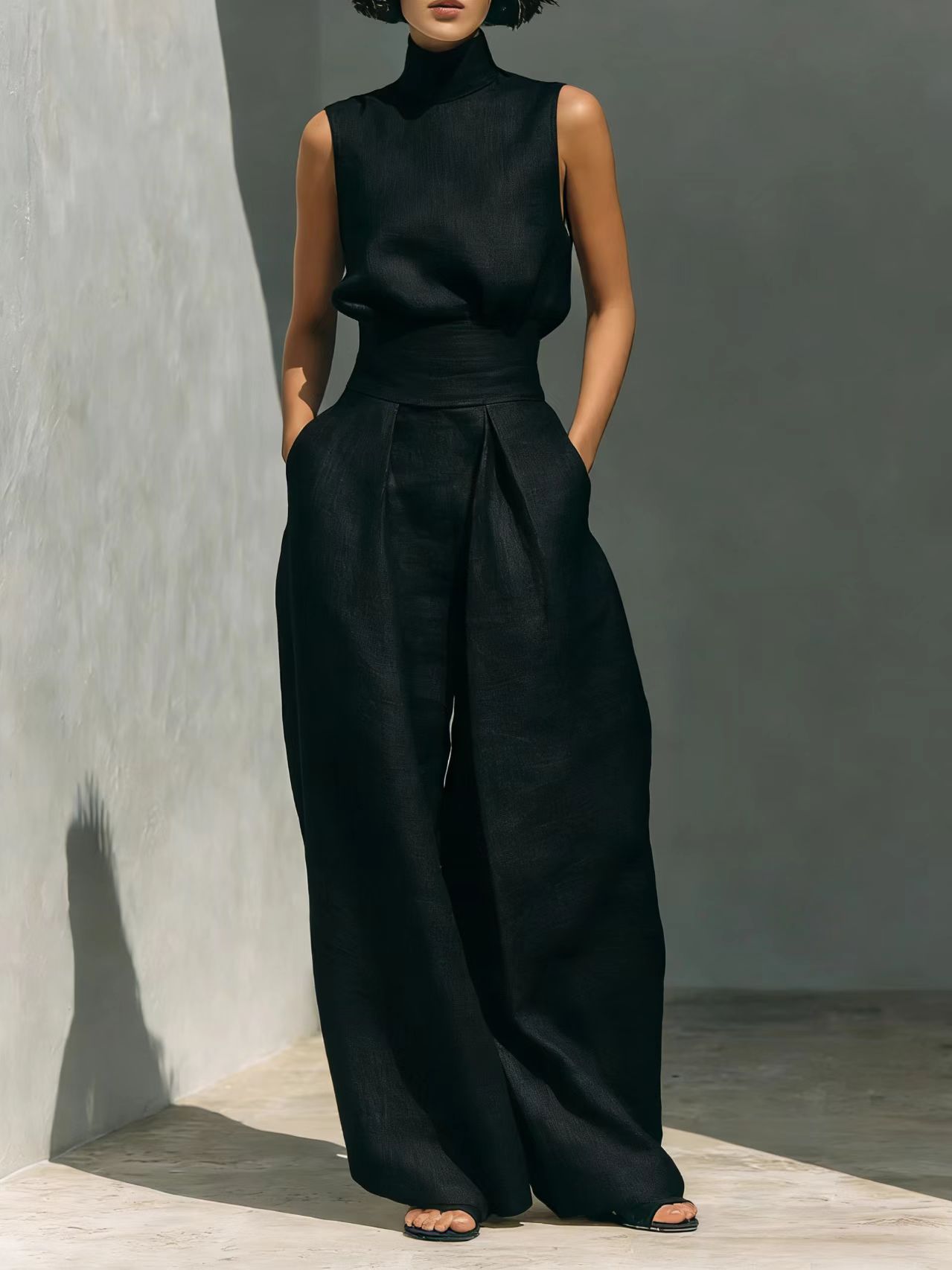 Casual Sleeveless Suit Summer Stand-up Collar Pullover Top And Loose Straight-leg Trousers Women's Clothing - cas7m