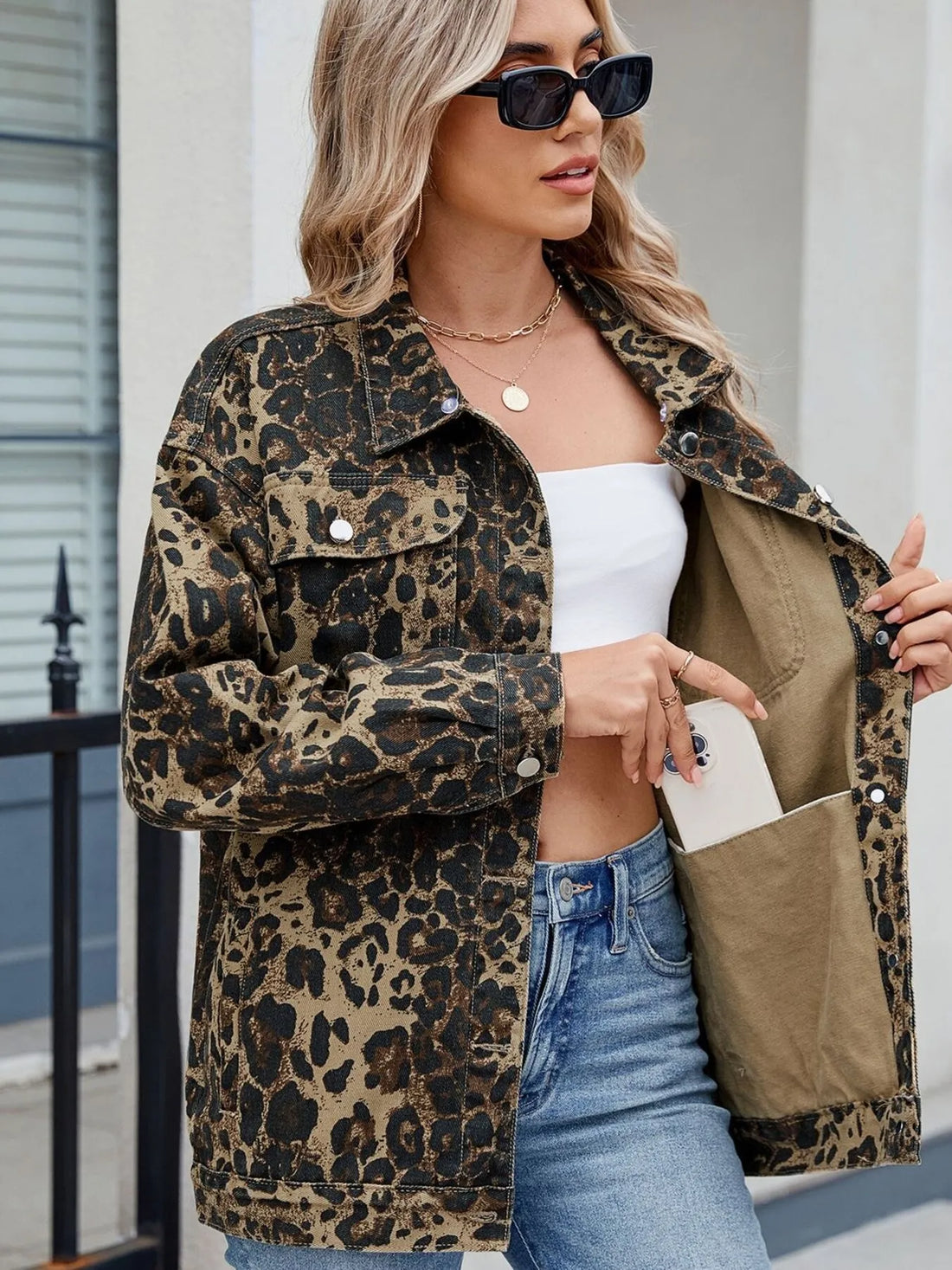 Leopard Print Oversized Denim Jacket - cas7m
