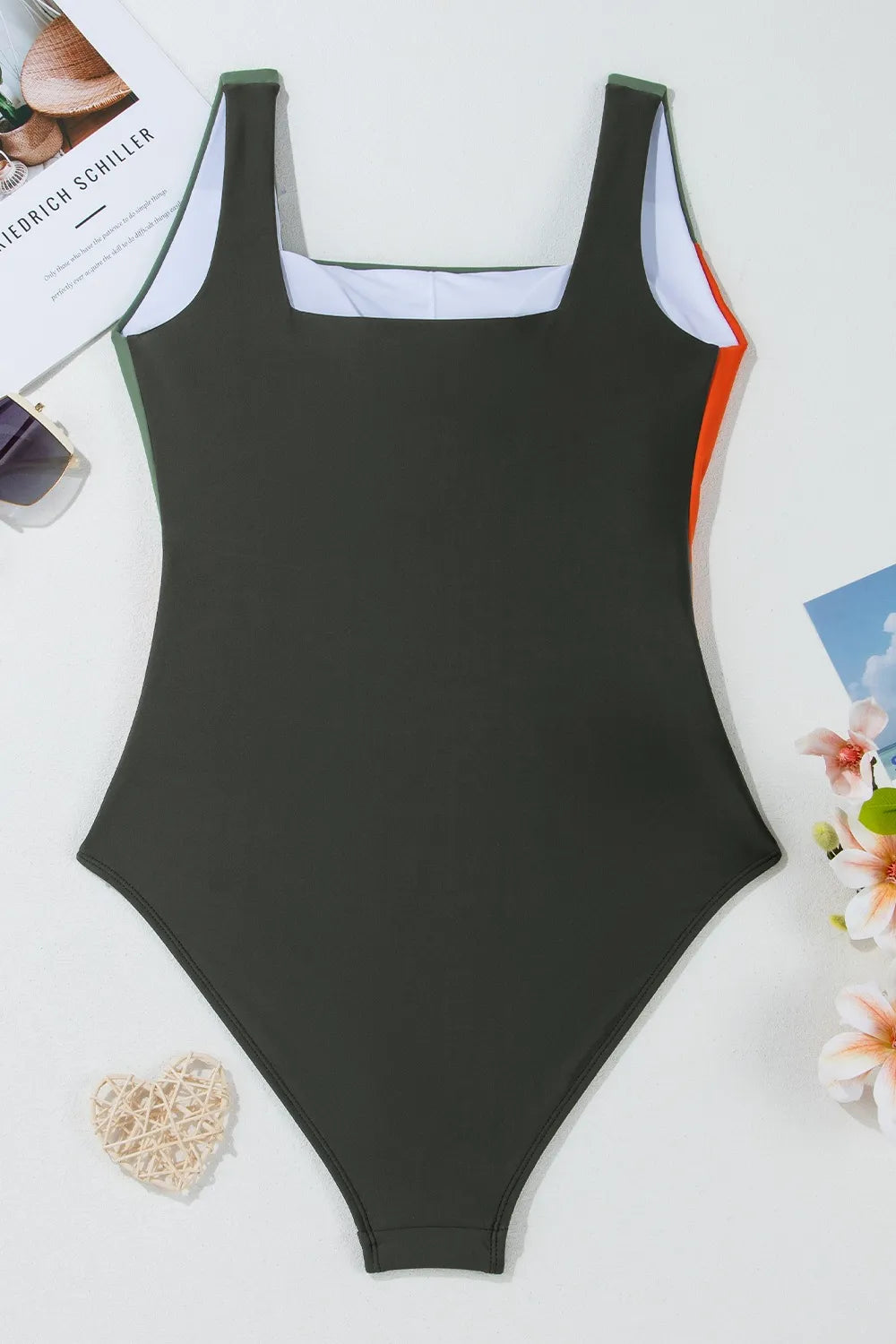 Color Block Padded Square Neck One Piece Swimsuit - cas7m