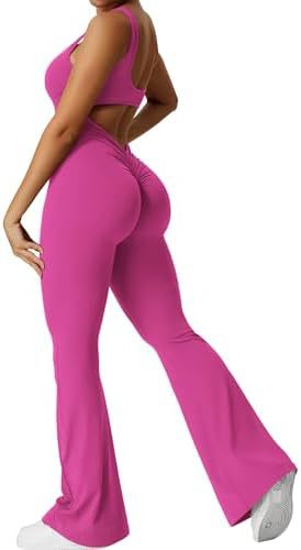 Women Sleeveless Flare Jumpsuits Fitness Yoga Long Pants - cas7m