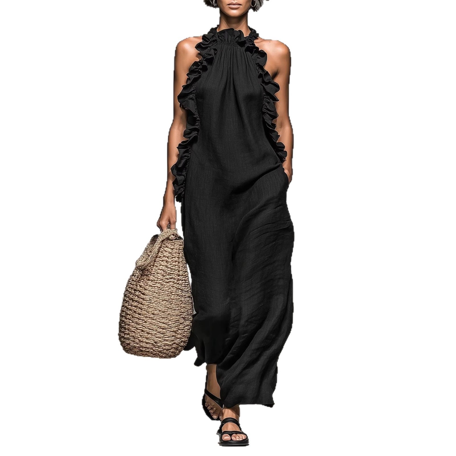 Resort Style Ruffled Halter Neck Sleeveless Maxi Dress - Loose Fit Flattering Flowy Skirt For Party Evening Gown - cas7m