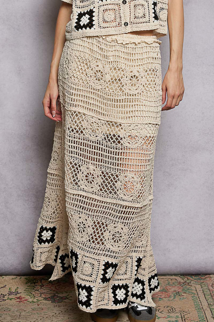 POL Floral Crochet Ruffled Waistband Maxi Skirt with Granny Square Weave - cas7m