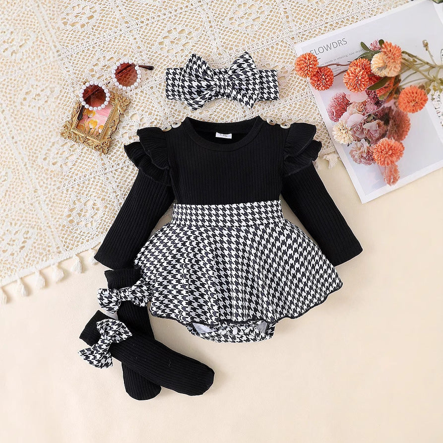 Sunken Stripe Long Sleeve Stitching Houndstooth Skirt One-piece Romper - cas7m