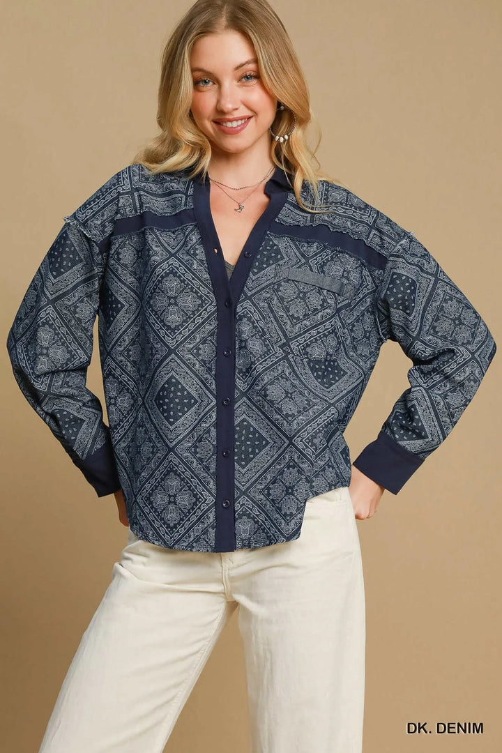 Umgee Paisley Print Denim Shirt Jacket - cas7m