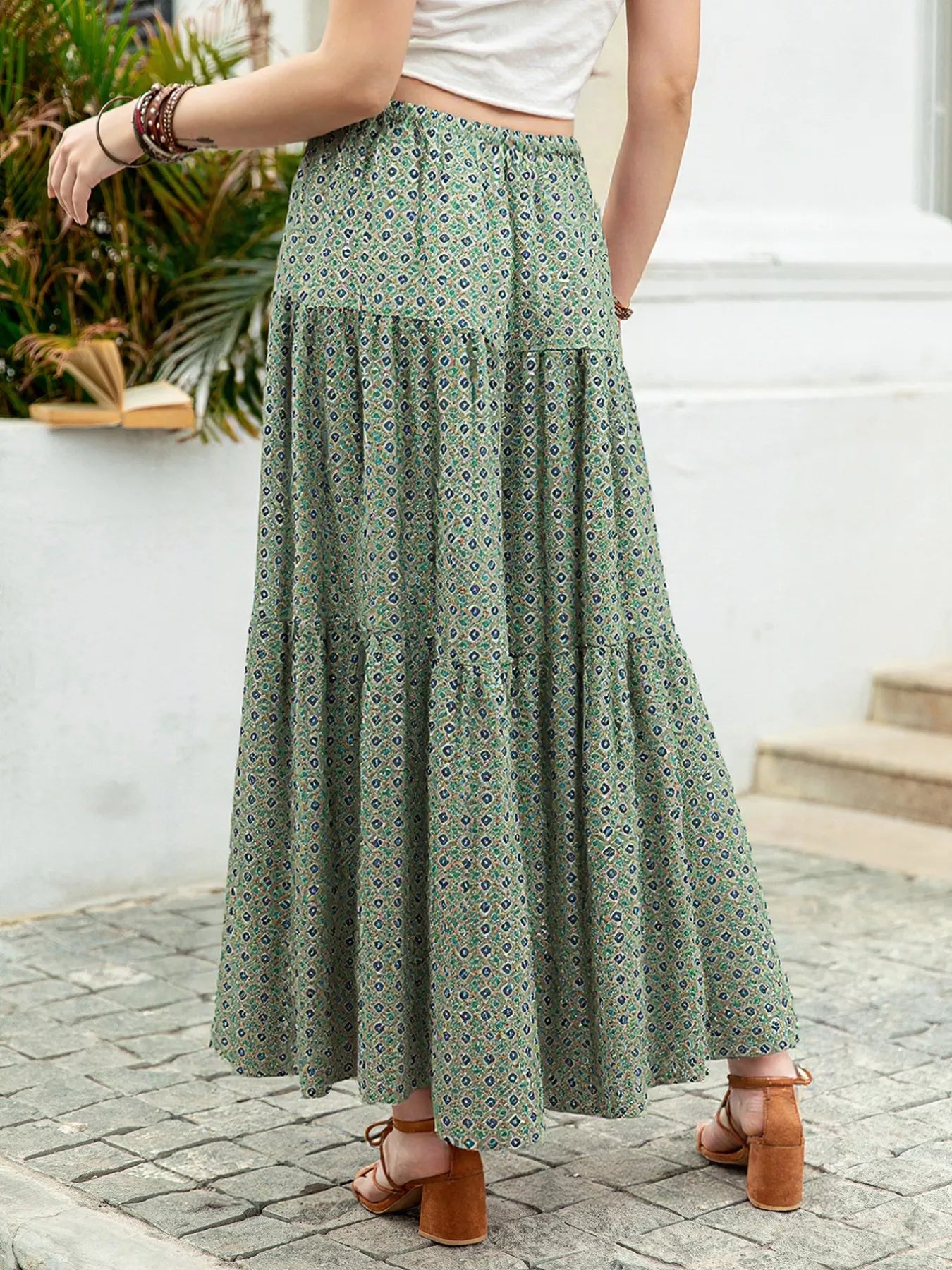 Boho Print Tiered Maxi Skirt - cas7m