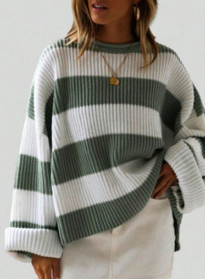 Loose Striped Sweater Fashion Casual Long Batwing Sleeve Round Neck Pullover Knit Tops Women Clothing - cas7m
