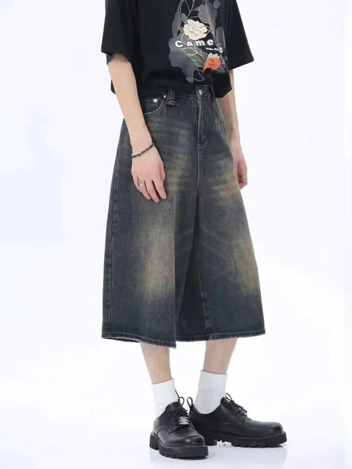 Men's Full Size Vintage Wash Wide Leg Denim Shorts Plus Size - cas7m