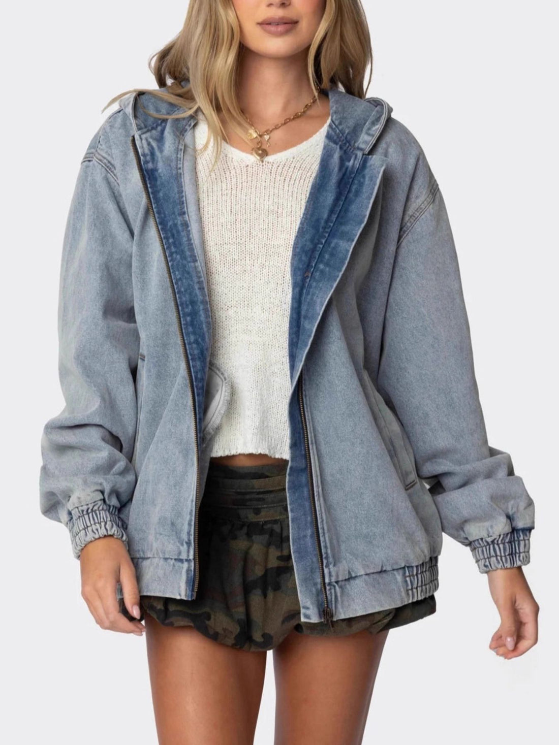 Hooded Oversized Zip Up Denim Jacket - cas7m