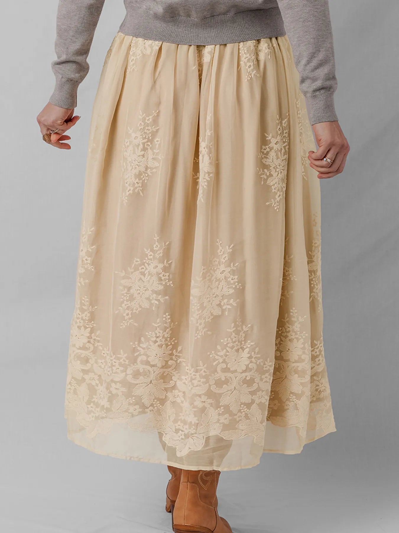 Embroidered Mesh Overlay Flowy Midi Skirt - cas7m