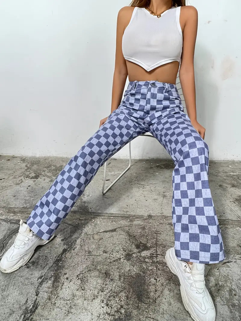 Colorblock Plaid High Waist Wide Leg Denim Jeans - cas7m