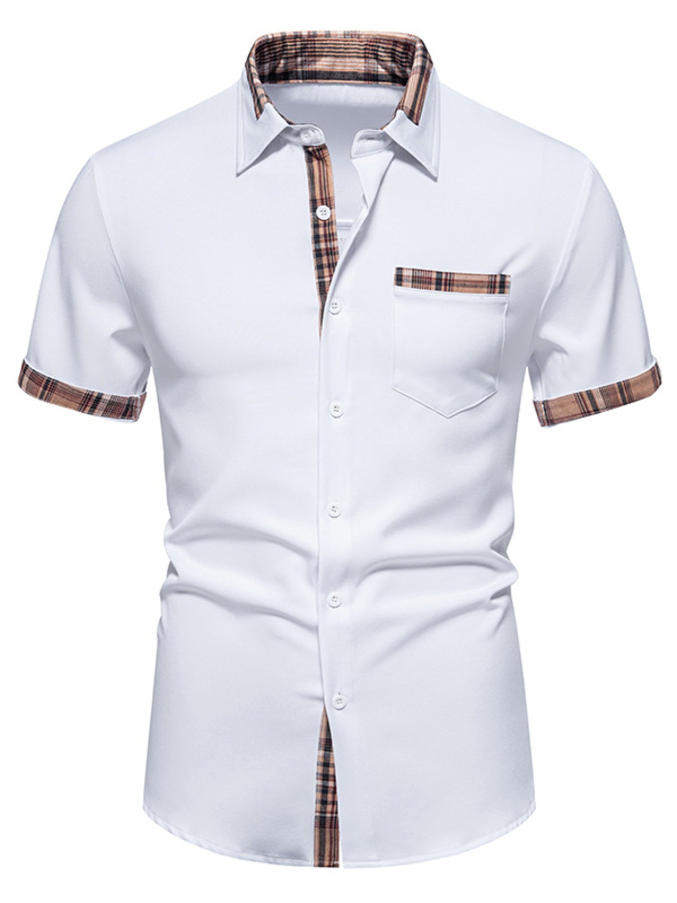Men's Short Sleeve Plaid Trim Shirt - cas7m