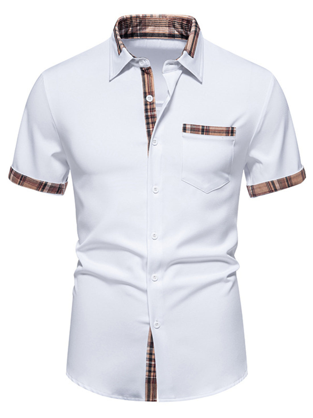 Men's Short Sleeve Plaid Trim Shirt - cas7m