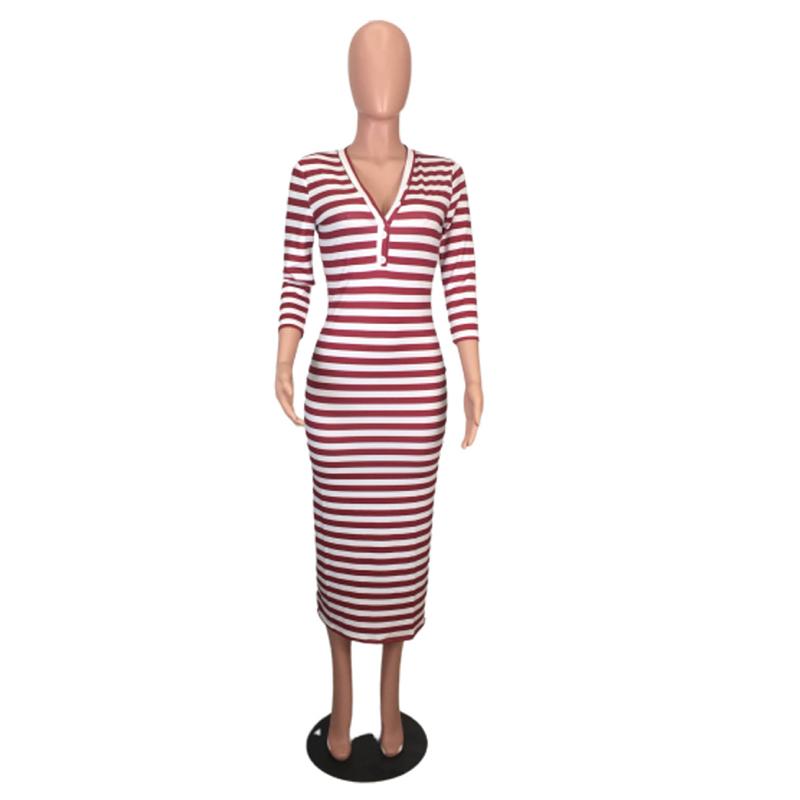 Sexy striped midi bodycon dress Women autumn winter female - cas7m