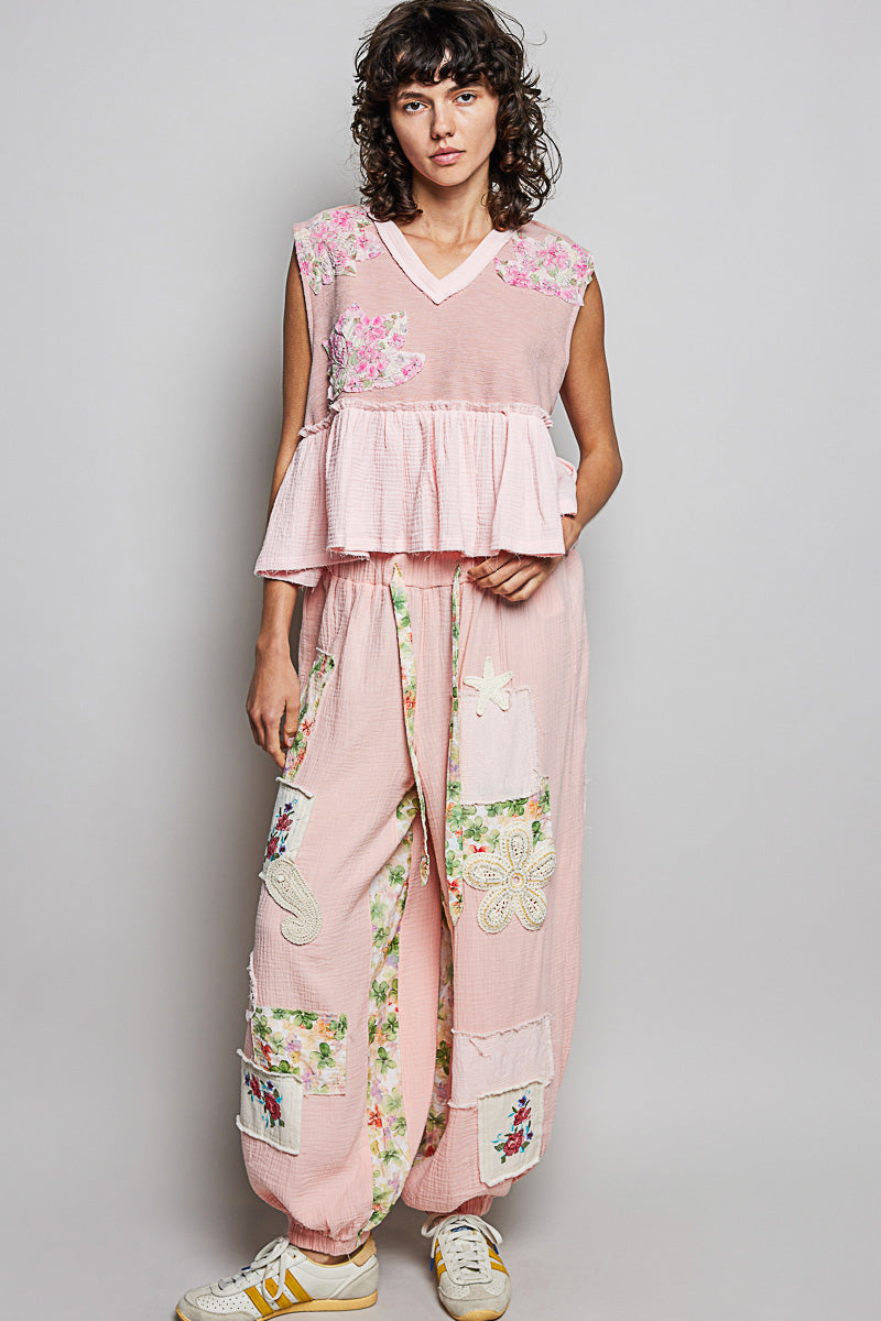 POL Floral Patch Ruffled Sleeveless Top with Raw Edge Detail - cas7m