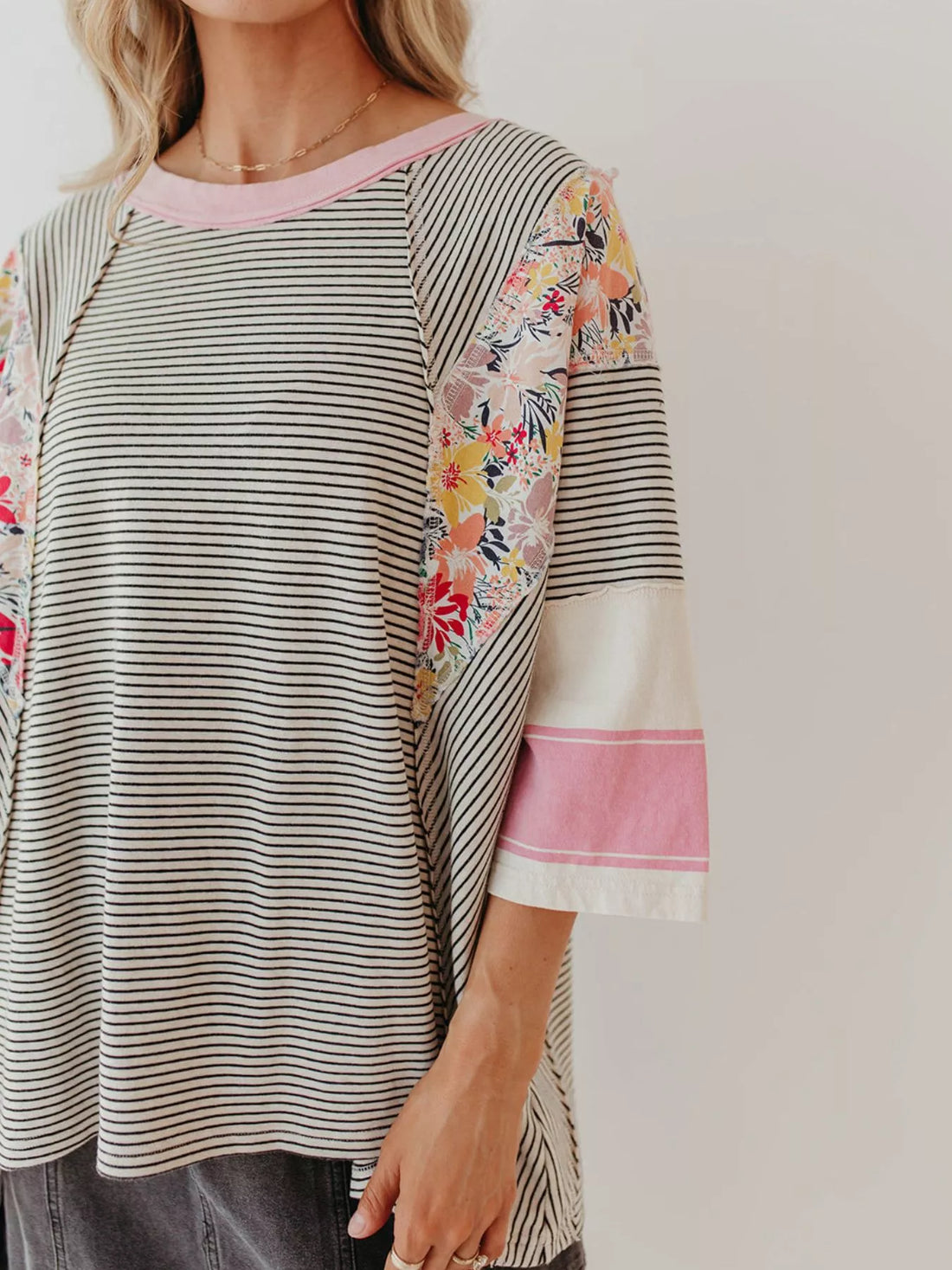 Striped Floral Long Sleeve T-Shirt - cas7m