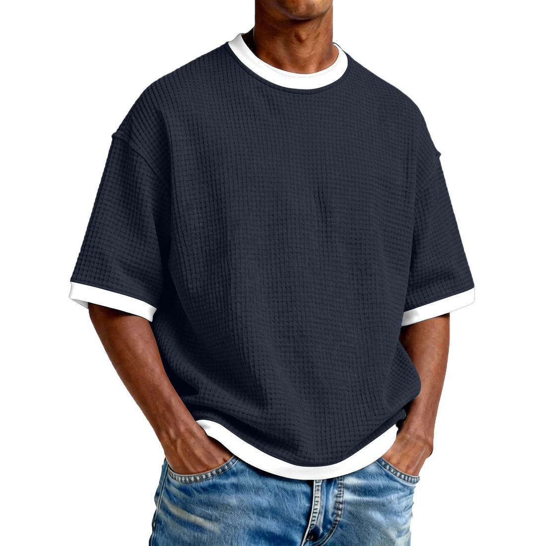 Men's Crew Neck Contrast Color Casual T-Shirt - Cotton Blend Lightweight Short Sleeve Top For Daily Wear - cas7m