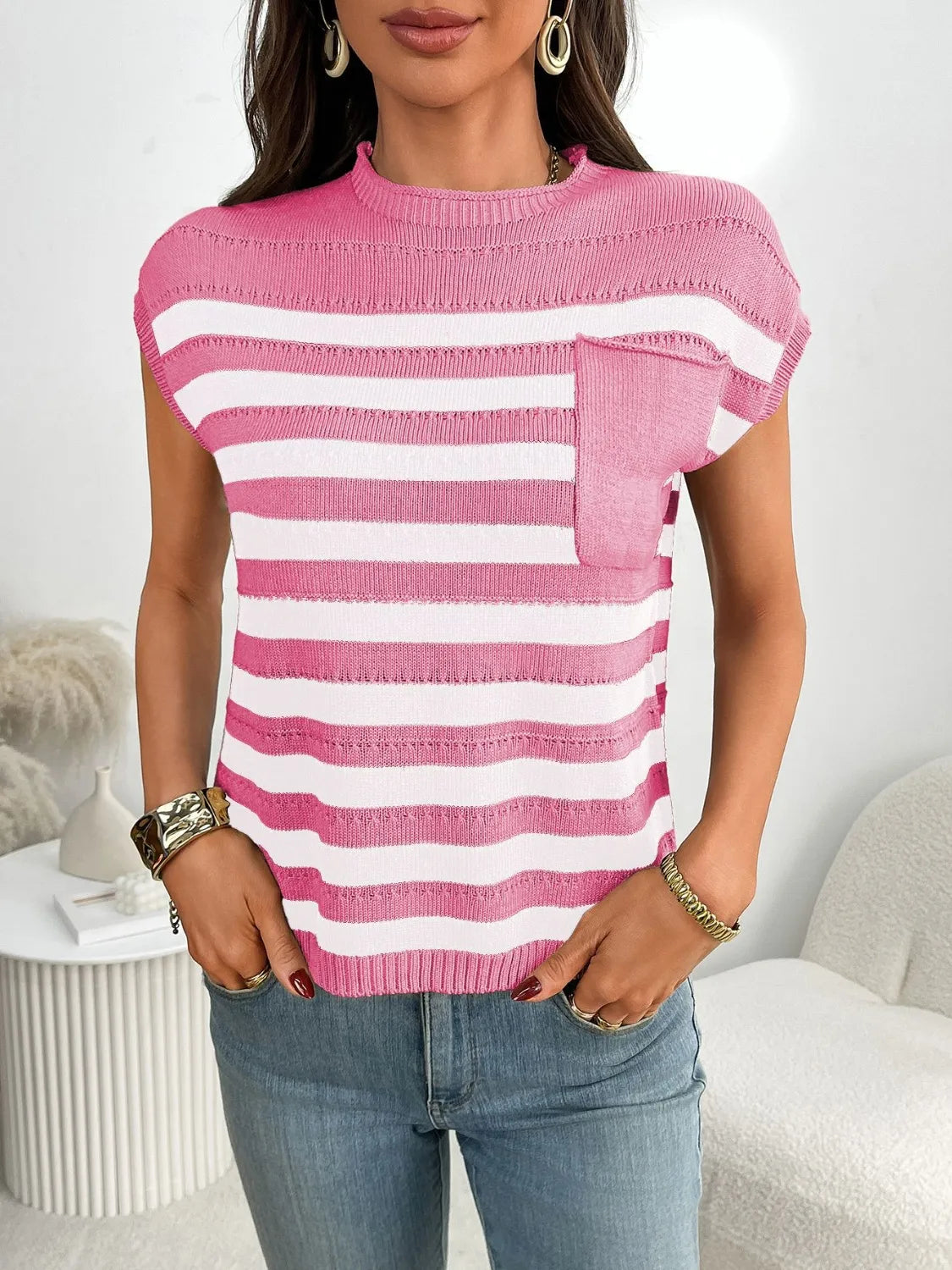 Striped Mock Neck Cap Sleeve Knit Top - cas7m