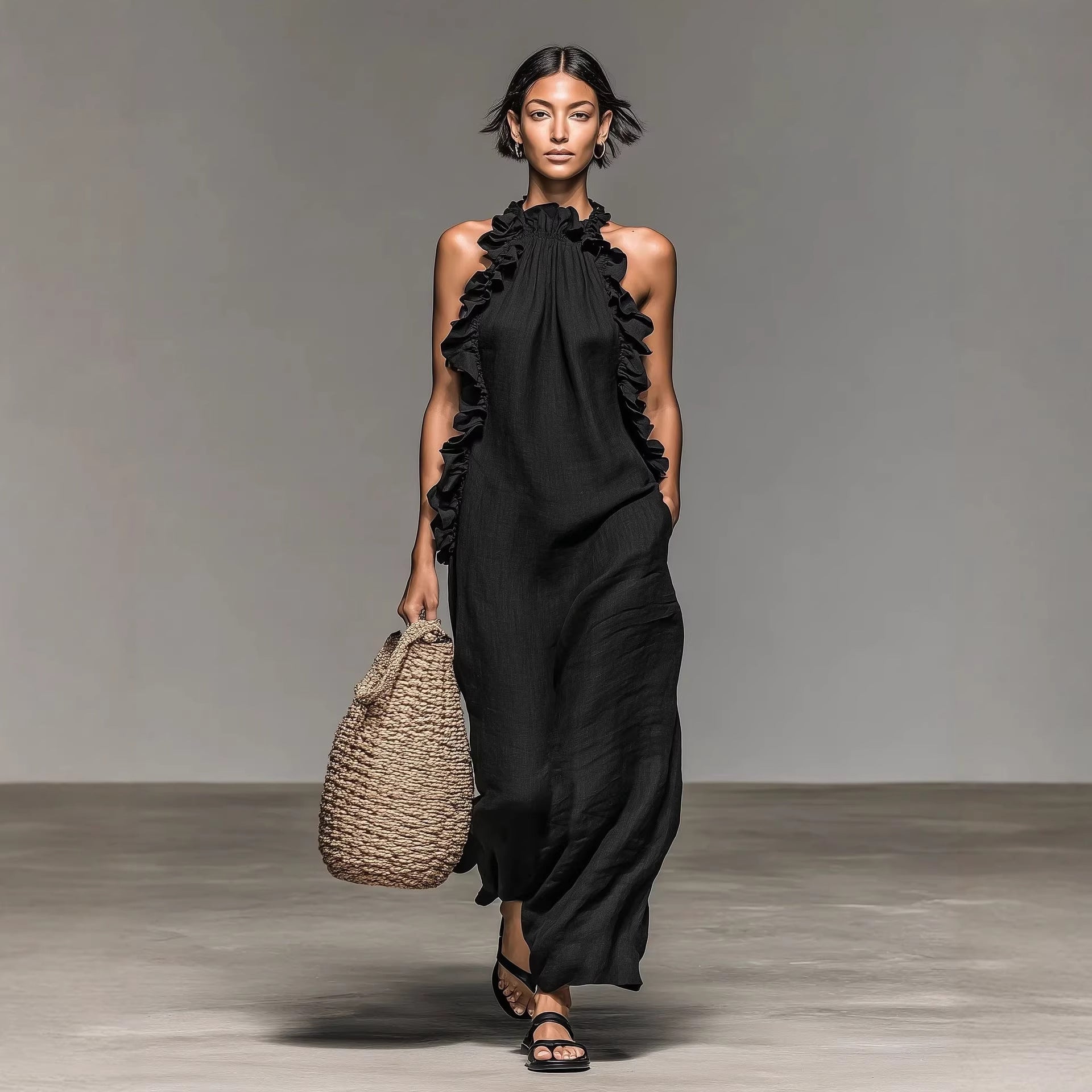 Resort Style Ruffled Halter Neck Sleeveless Maxi Dress - Loose Fit Flattering Flowy Skirt For Party Evening Gown - cas7m