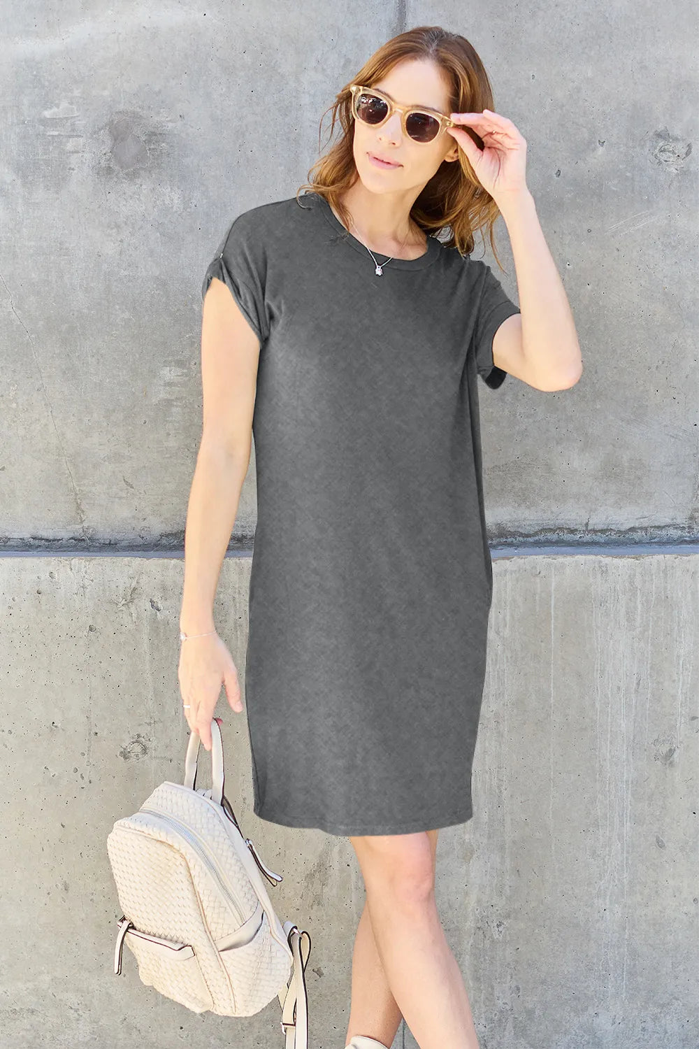 Basic Bae Full Size Round Neck Short Sleeve Dress with Pockets - cas7m