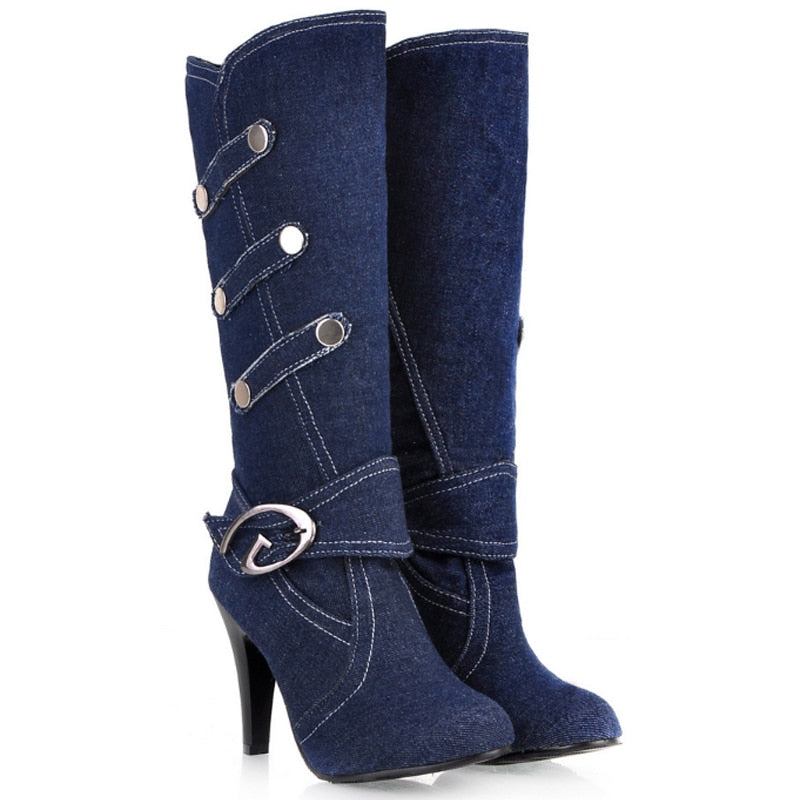 Women's High Heeled Knee-High Denim Boots (Size 40-48)
