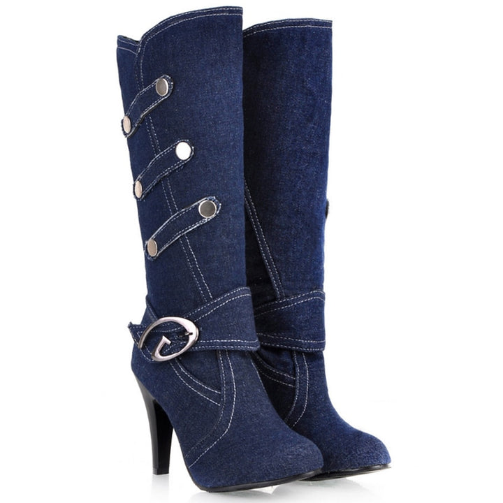 Women's High Heeled Knee-High Denim Boots (Size 40-48)