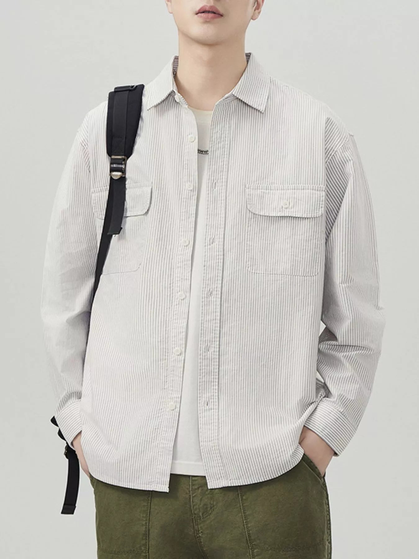 Men's Plus Size Striped Button Up Long Sleeve Shirt - cas7m