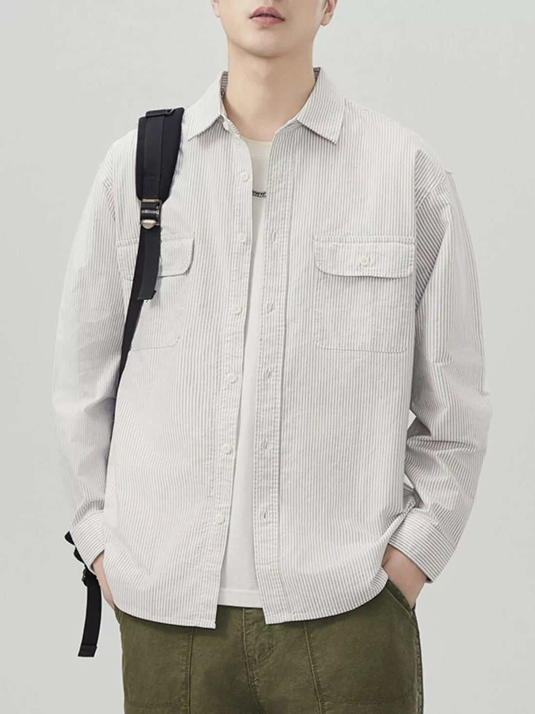 Men's Plus Size Striped Button Up Long Sleeve Shirt - cas7m