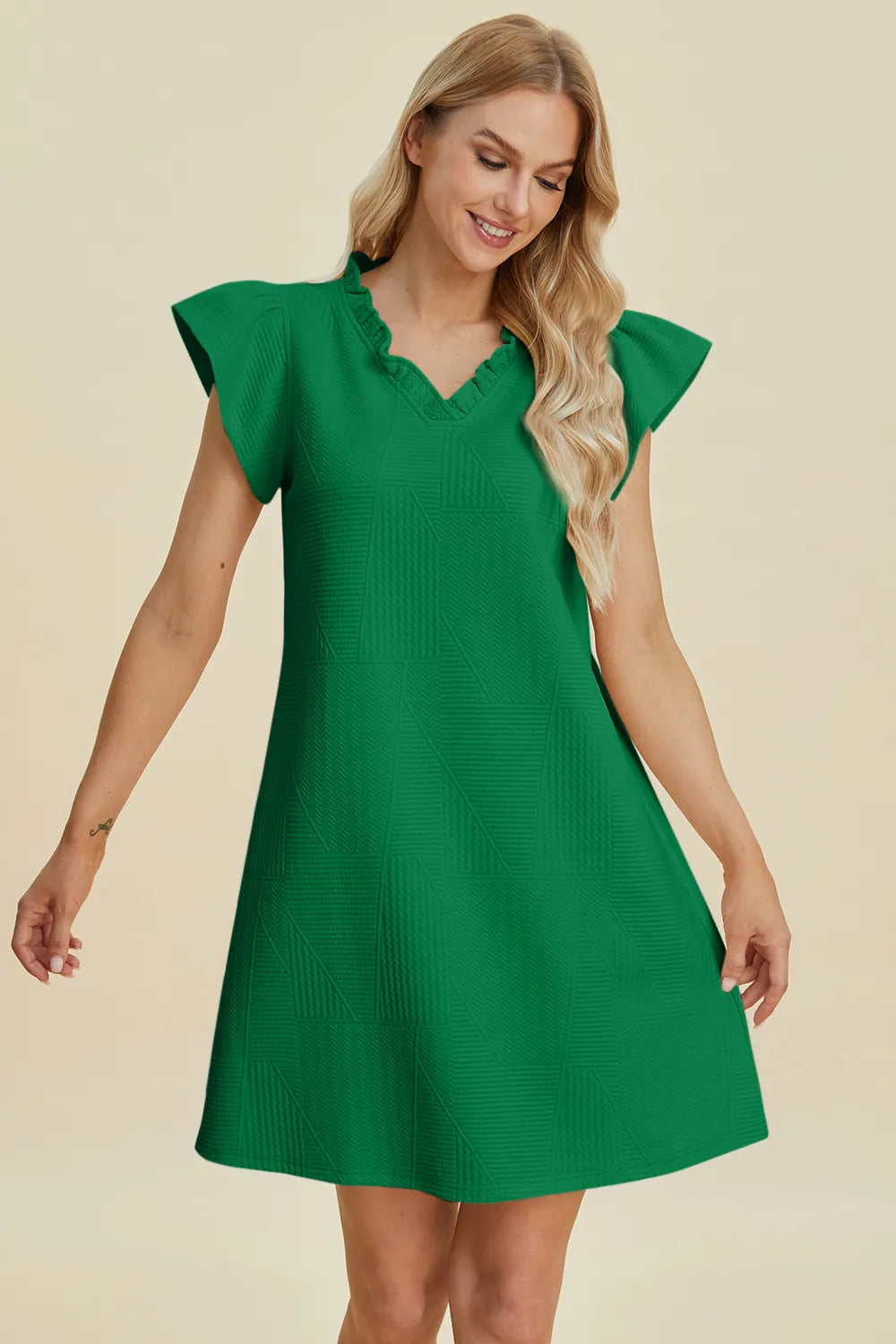 Double Take Full Size Ruffled V-Neck Cap Sleeve Dress - cas7m