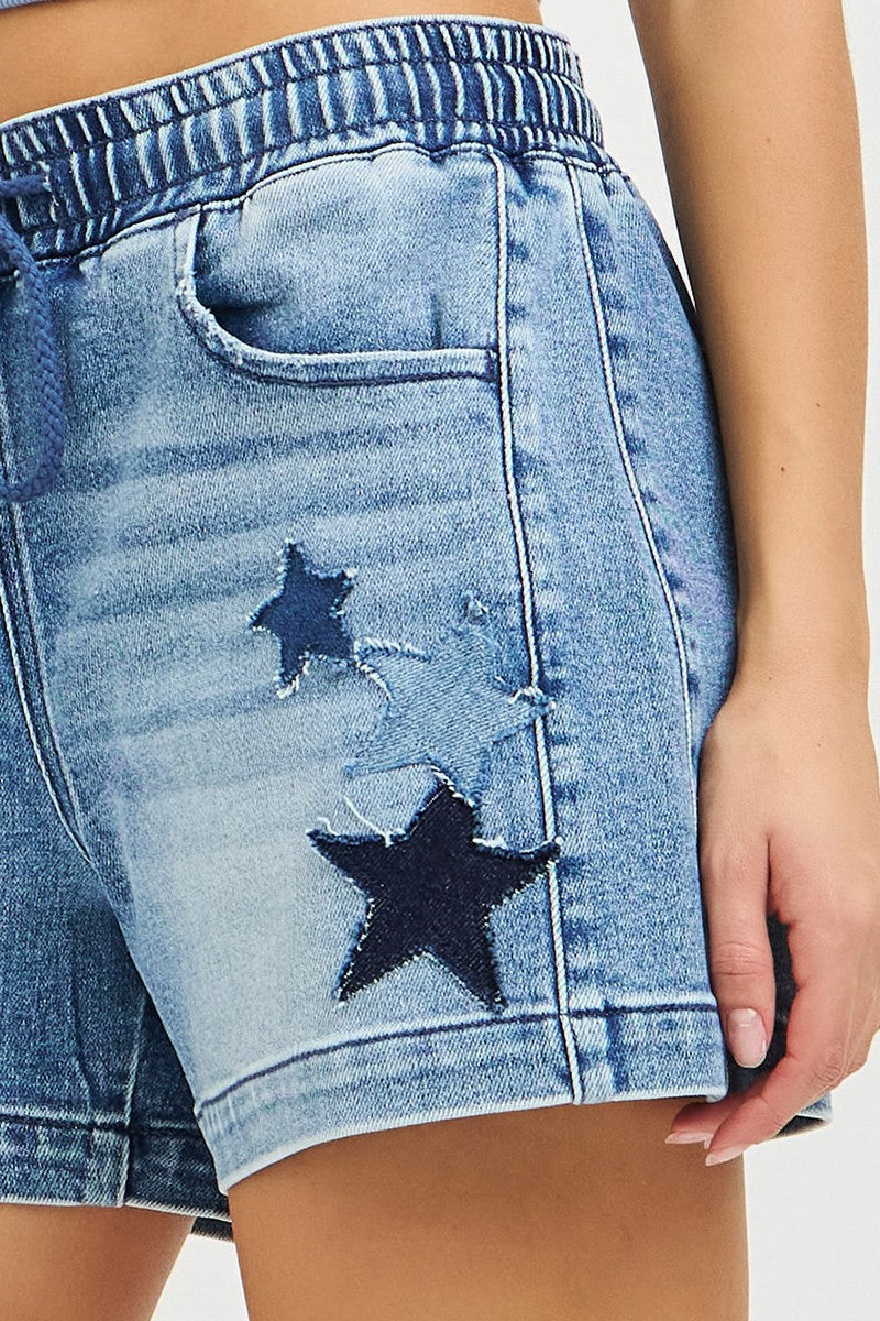 RISEN Elastic Band Slouchy Denim Shorts with Star Patched Details - cas7m