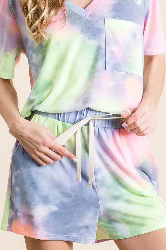 BiBi Tie Dye Casual Shorts with Twill Tape Drawstring - cas7m
