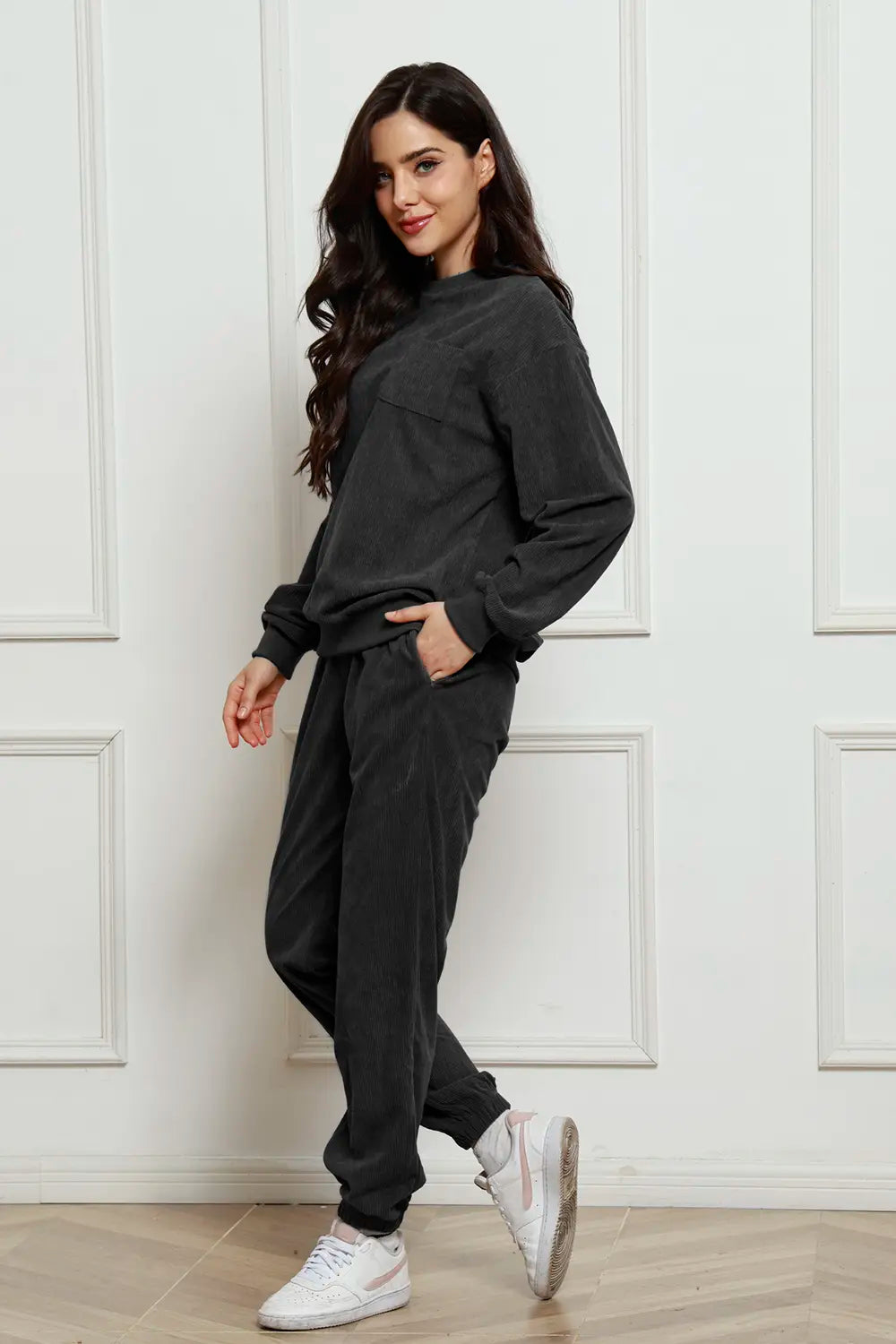 Corduroy Round Neck Sweatshirt and Sweatpants Set - cas7m