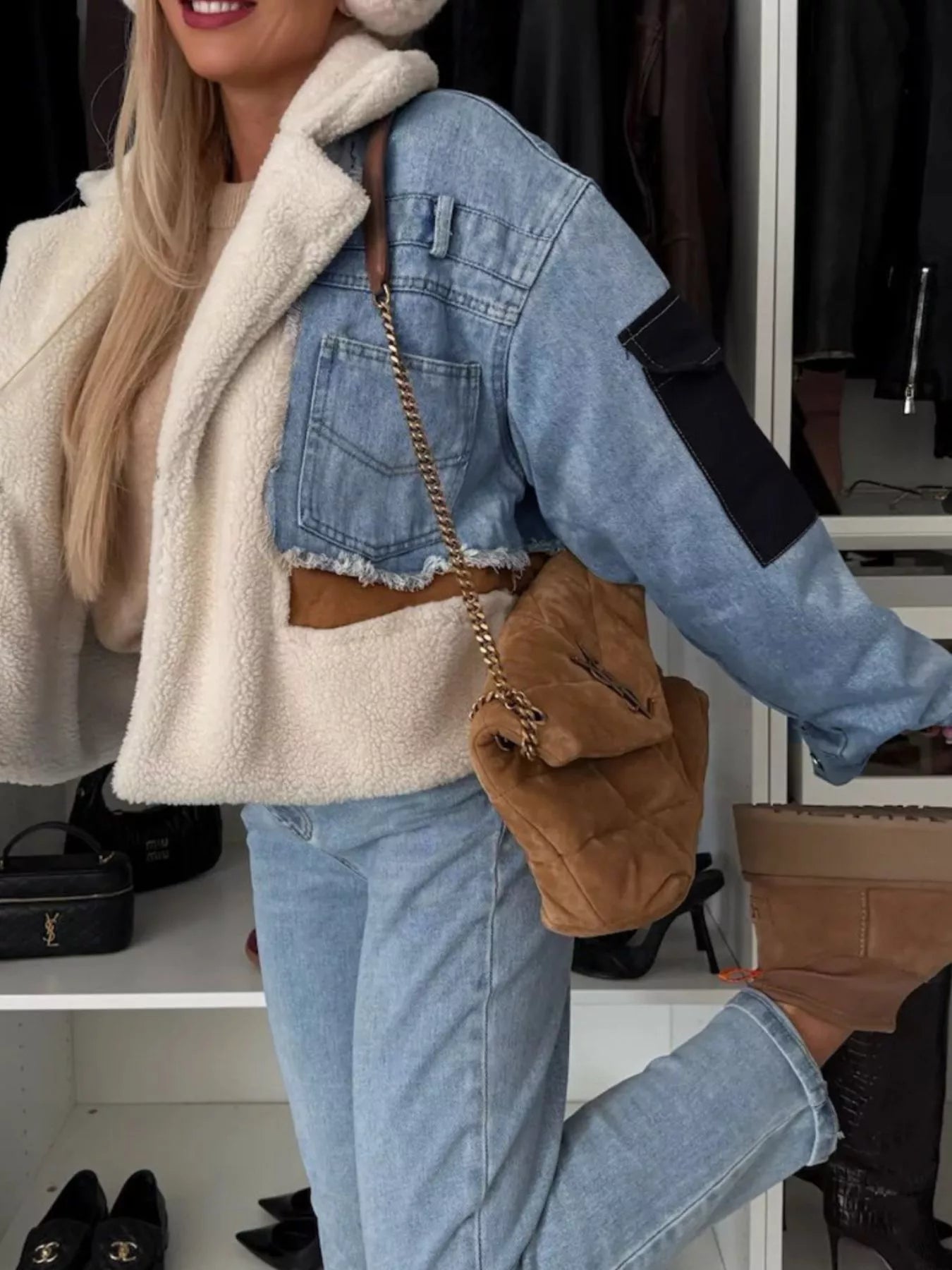 Raw Hem Sherpa Lined Denim Jacket - cas7m