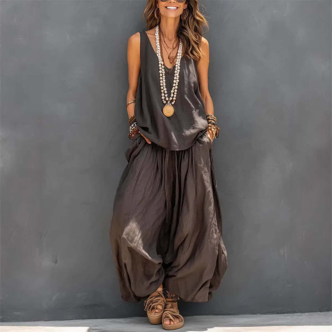 Womens Solid-Colored Casual Sleeveless Tank Top And Wide-Leg Pants Cotton-Linen Set For Daily Wear Holiday Outfit - cas7m