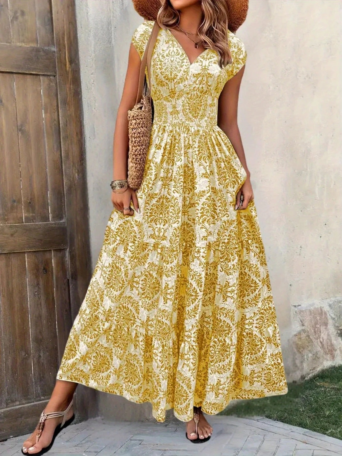 Printed Cap Sleeve Maxi Dress - cas7m