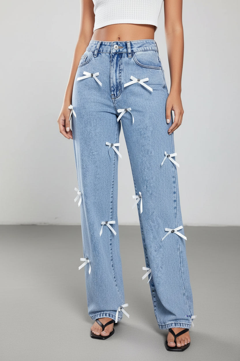 Bow Decor High Waist Wide Leg Jeans - cas7m
