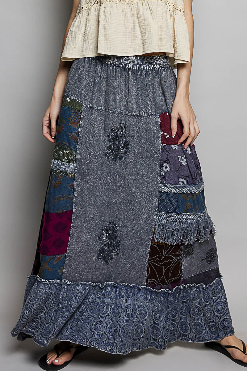 POL Printed Patchwork Embroidered Ruffled Skirt - cas7m