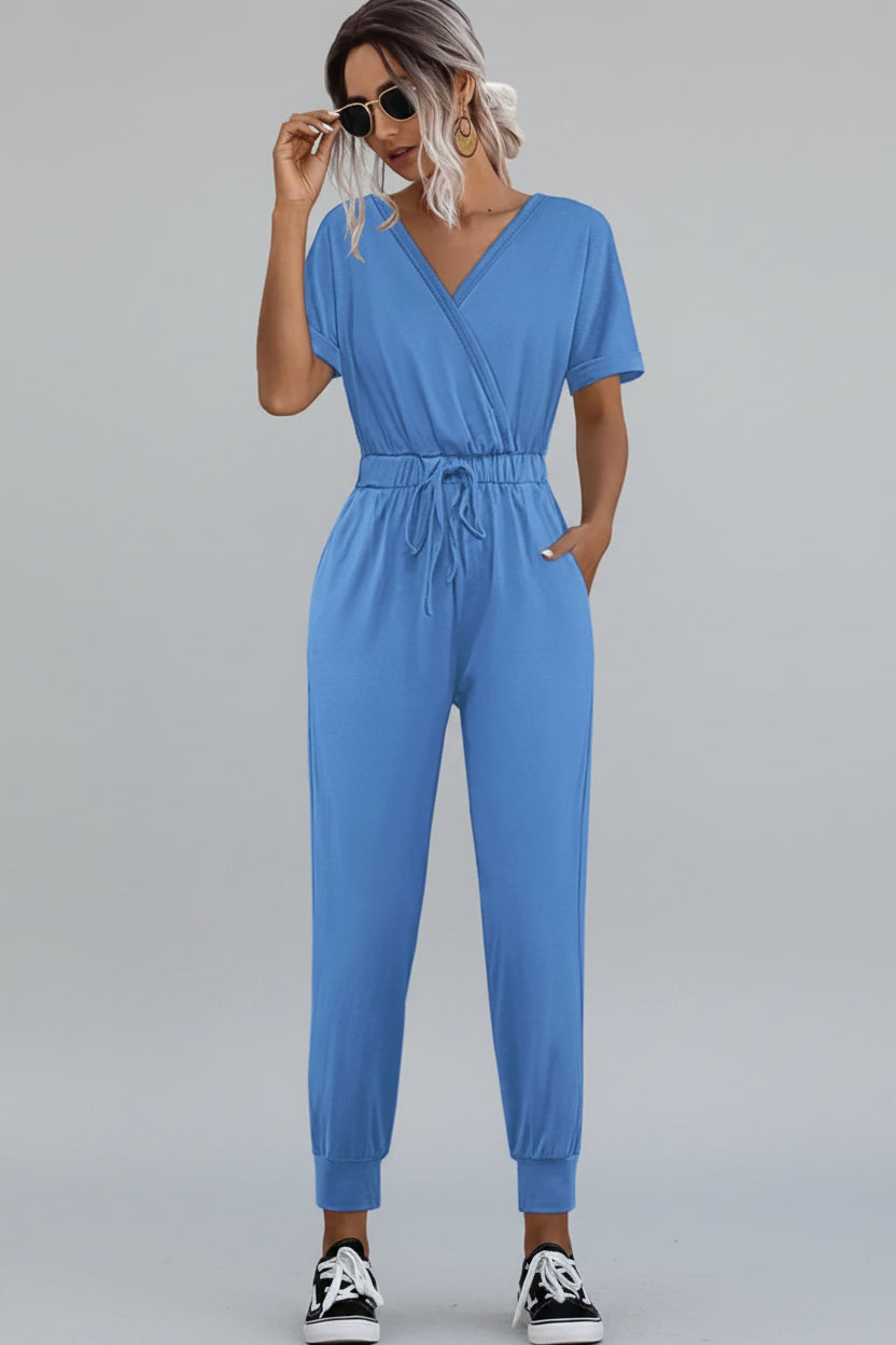 Drawstring Waist Short Sleeve Jumpsuit - cas7m