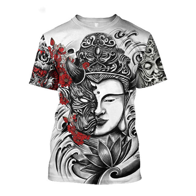 3D Men's T-shirt Samurai Printed T-shirt Loose Round Neck - cas7m