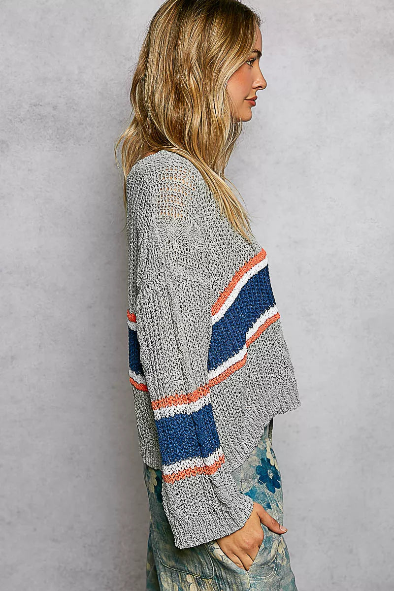 POL V-Neck Striped Pattern Cropped Knit Top with Cable Knit Detail - cas7m