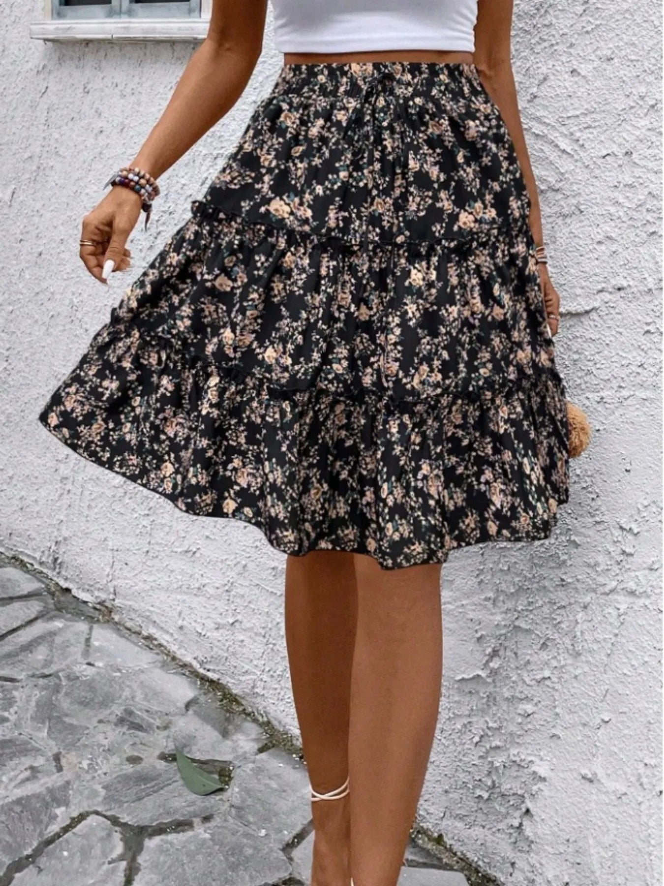 Floral Print Midi Skirt - cas7m