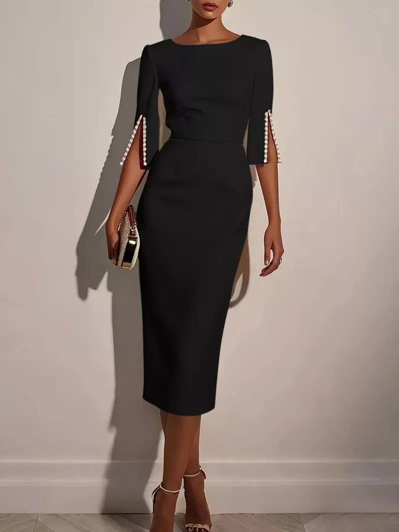 Slim-Fit Elegant Midi Dress with Beaded Slit Sleeve - cas7m
